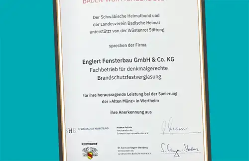 Urkunde Denkmalschutzpreis Baden Württemberg 2024