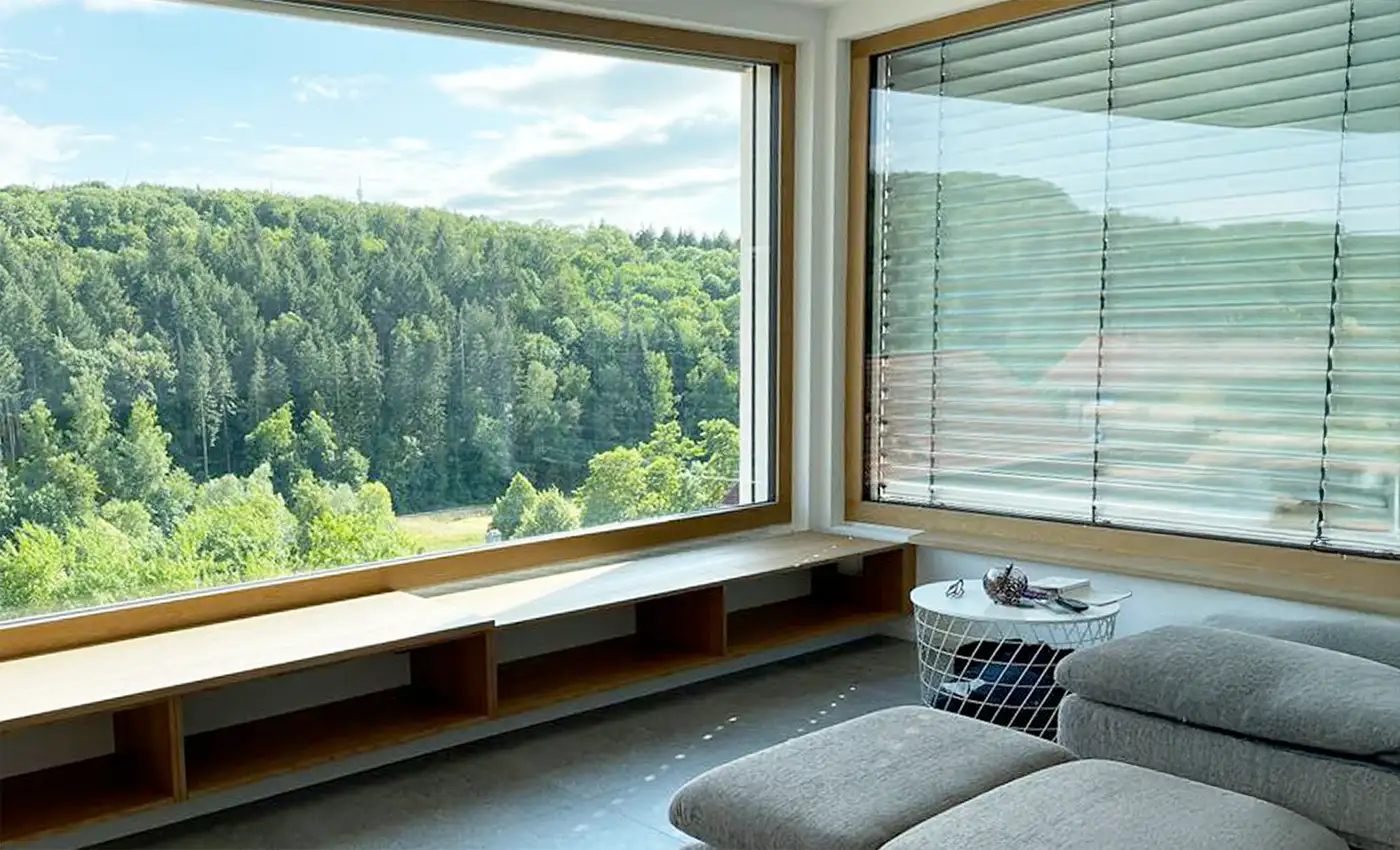 Blick durch ein großes Fenster in den Wald